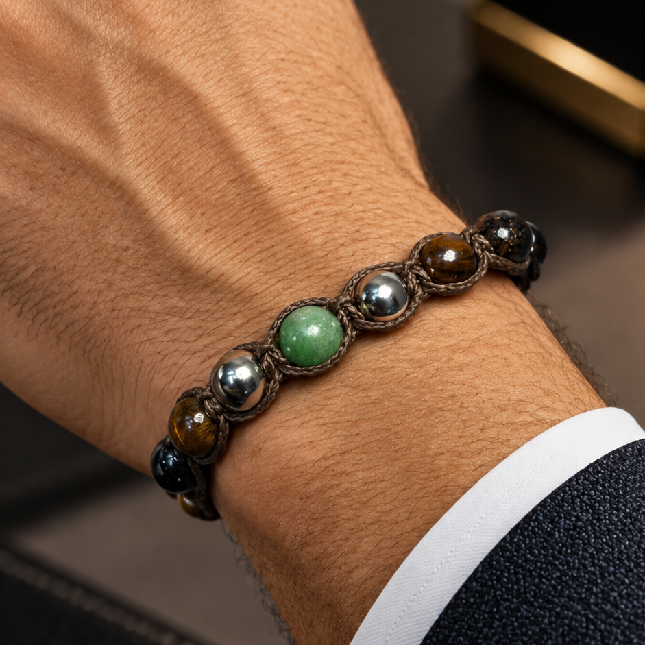 NEXO TIGERAUGE Armband am Handgelenk mit goldbraunen Tigerauge-Perlen, grünem Zoisit zwischen zwei Silberperlen und braunem Makramee.