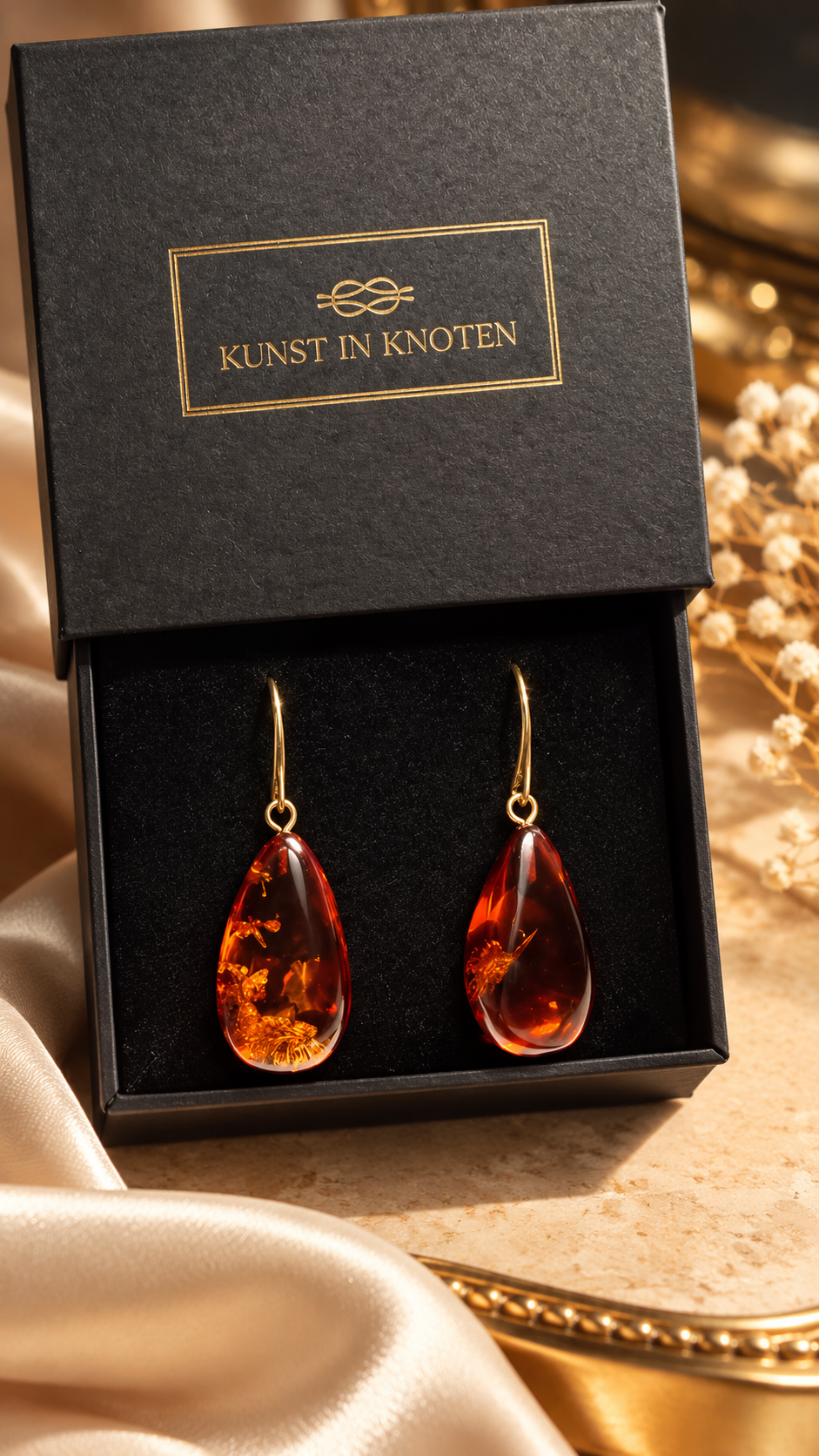 Bernstein Ohrringe Goldener Tropfen aus vergoldetem 925 Sterling Silber in Kunst in Knoten Geschenkbox