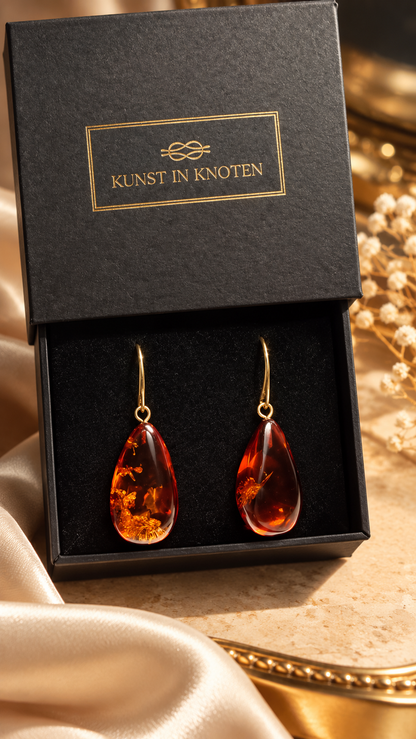 Bernstein Ohrringe Goldener Tropfen aus vergoldetem 925 Sterling Silber in Kunst in Knoten Geschenkbox
