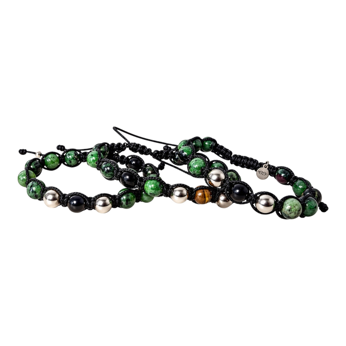 NEXO ANYOLIT Armbänder mit grünem Rubin-Zoisit, 925 Silber und schwarzem Makramee, mit schwarzem Turmalin oder Tigerauge als Mittelstein.