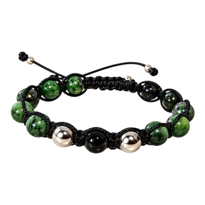 NEXO ANYOLIT Armband mit grünem Rubin-Zoisit, schwarzem Turmalin zwischen zwei Silberperlen und schwarzem Makramee mit Schiebeverschluss.