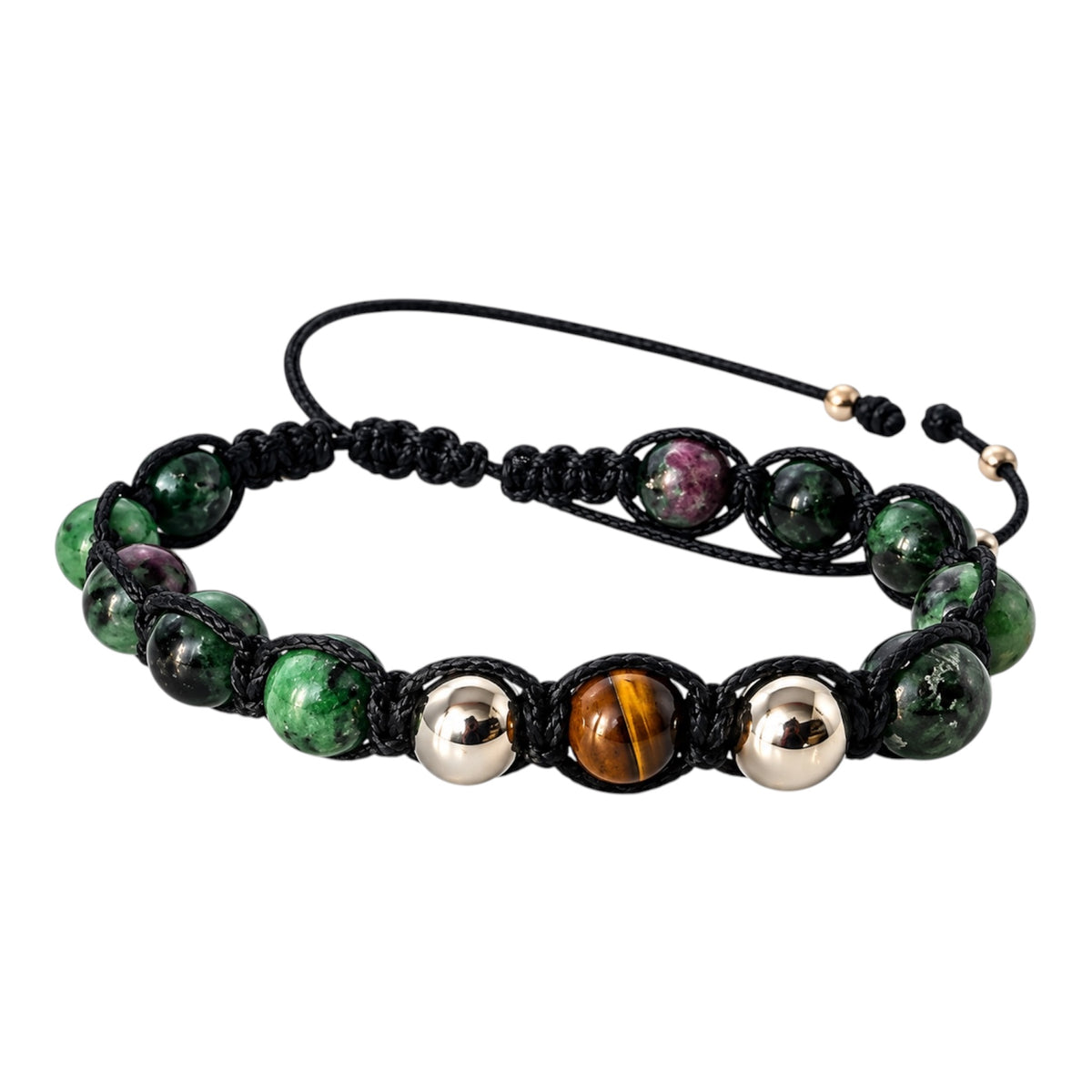 NEXO ANYOLIT Armband mit grünem Rubin-Zoisit, goldbraunem Tigerauge zwischen zwei Silberperlen und schwarzem Makramee mit Schiebeverschluss.
