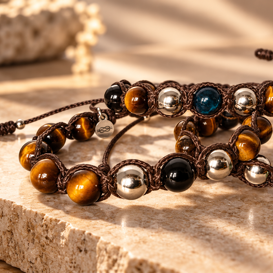 Drei NEXO TIGERAUGE Armbänder mit 925 Silber und braunem Makramee auf einer hellen Steinplatte im Sonnenlicht, mit Falkenauge, Turmalin und Zoisit als Mittelsteinen.