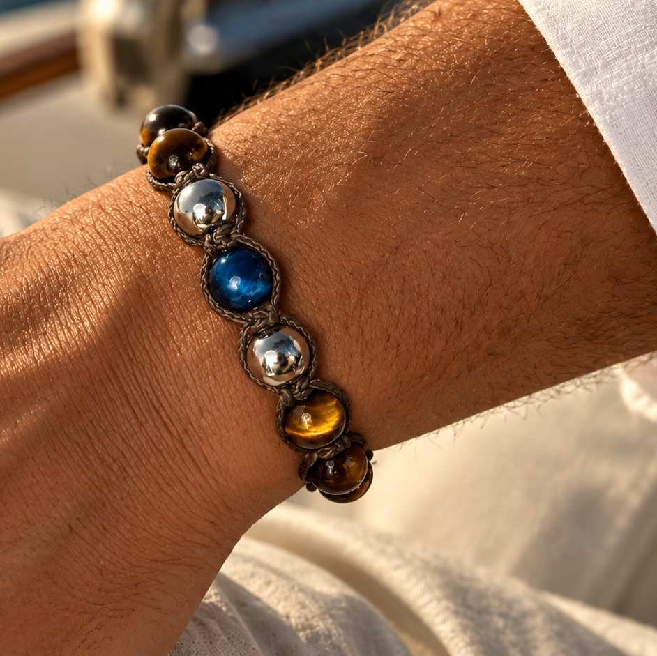 NEXO TIGERAUGE Armband am Handgelenk mit goldbraunen Tigerauge-Perlen, blauem Falkenauge zwischen zwei Silberperlen und braunem Makramee.